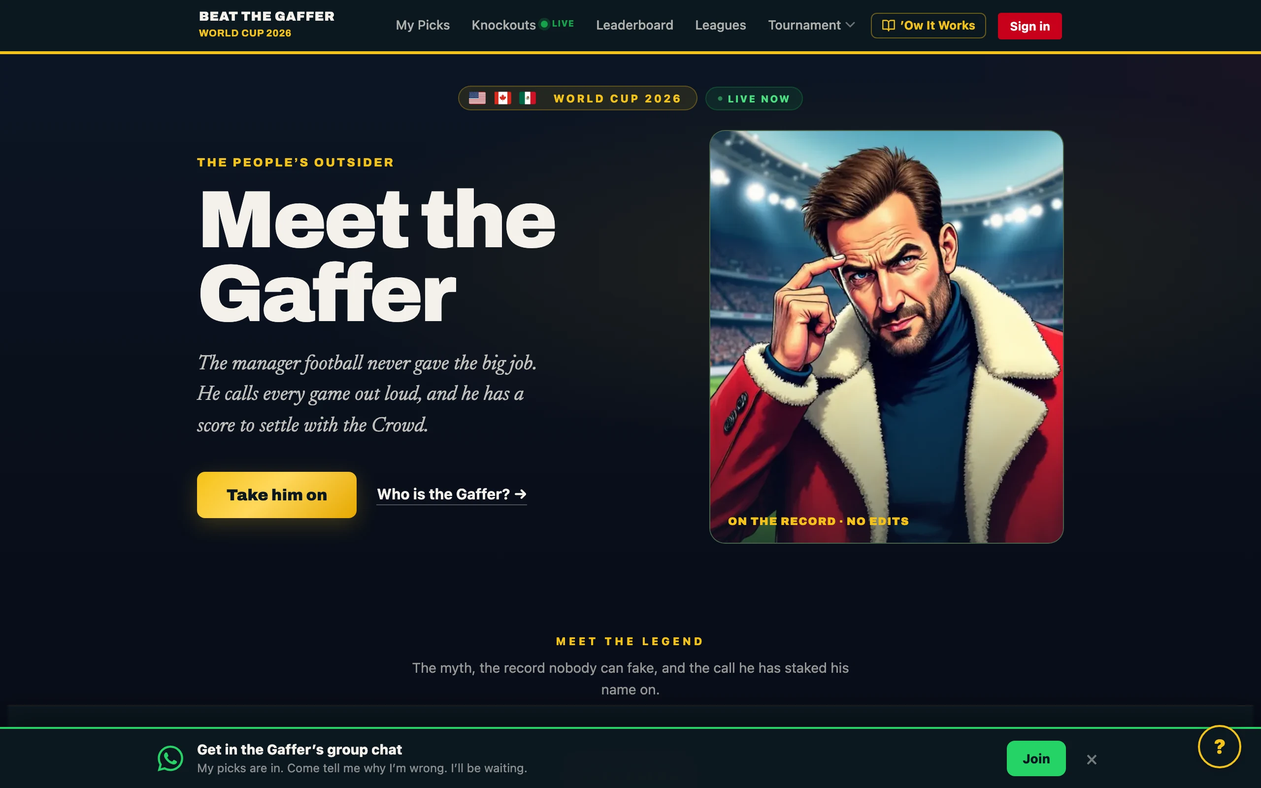 Beat the Gaffer World Cup website, showing the Gaffer character