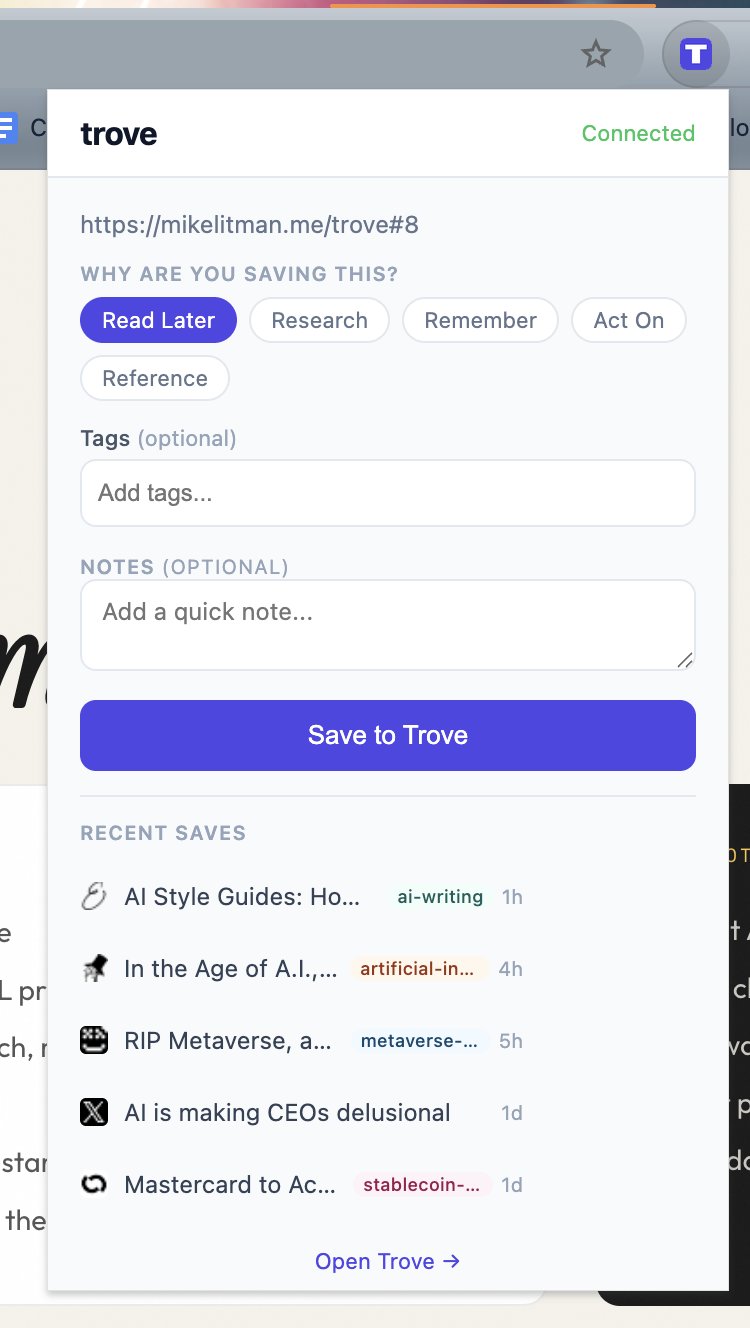 Trove Chrome extension popup